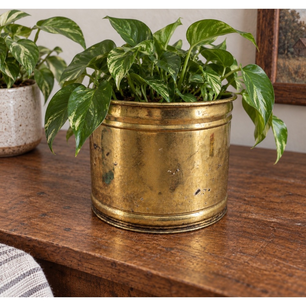 Vintage Hammered Brass Planter Cachepot 7.5" Wide 6.5" Tall Rustic Patina